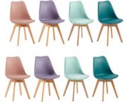 Eetkamerstoelen-Eetkamerstoelen set van 8-gestoffeerd-vintage stijl- met massief beukenhouten poten-2 roze fumé + 2 turquoise + 2 mintgroen + 2 paars grijs.