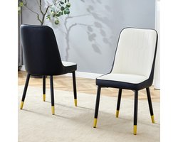 Eetkamerstoelen in moderne stijl - Zwart-witte PU-lederen rugleuning met zwarte metalen poten - Geschikt voor eetkamers, keukens en andere ruimtes - 2 stoelen