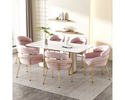 Eetkamerstoelen met armleuningen - Set Van 6 - Eettafelstoel - Keukenstoel - Eetkamerstoelen - Stoel - Eetkamerstoel, enkel, licht luxe, woonkamer, slaapkamer, vrijetijdsstoel, met 4 metalen poten, fluweel - Roze