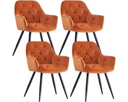 Eetkamerstoelen met fluwelen zitting, metalen poten, armleuningen en rugleuning voor woonkamer (oranje, 4 stuks)
