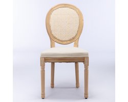 Eetkamerstoelen Set 2-delig, Franse Stijl, Massief Houten Frame, Rieten Rugleuning en Linnen Stof, Crème/Beige, Antieke Look