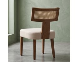 Eetkamerstoelen set van 2 57 x 52 x 86 cm – Houten stoelen met rotan rugleuning en gestoffeerde linnen zitting, keukenstoelen / dining chairs beige – Urbanhome