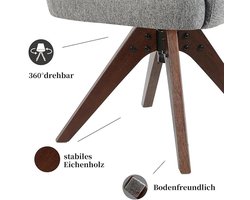 Eetkamerstoelen Set van 2 65 x 60 x 87 cm – 360° Draaibare Design Stoelen met Pocketvering, Ergonomisch Zitcomfort, Massief Eiken Houten Frame in Luxe Walnoot Look, 150 kg Draagvermogen, Slijtvaste Grijze Stof