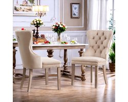 Eetkamerstoelen Set van 2, Beige Fluweel Stoelen met Knopdetails, Nagelranden en Trekring, Houten Poten, Belastbaar tot 150 kg