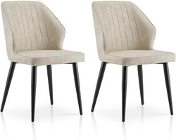 Eetkamerstoelen Set van 2, kunstleer gestoffeerde kamerstoel met rugleuning en metalen poten, beige keukenstoelen voor thuiskantoor, woonkamer, lounge slaapkamer