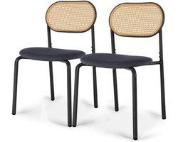 Eetkamerstoelen Set van 2, rieten stoelen met beklede zitting, metalen frame, chaise canage voor woonkamer, keuken, eetkamer, zwart