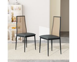Eetkamerstoelen, set van 2, zwart, keukenstoelen met rotan rugleuning, gewatteerde stoelen met mesh rugleuning, rotan stoel met metalen poten, gestoffeerde stoelen, accentstoelen voor de eetkamer