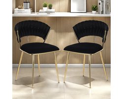 Eetkamerstoelen Set van 2 | Zwarte Velvet Stoelen met Ronde Rugleuning & Goud Metalen Poten | Moderne Keukenstoelen