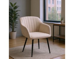 Eetkamerstoelen, set van 4, beige met armleuningen, gestoffeerde linnen stoelen, keukenstoelen met metalen frame en rugleuning voor eetkamer, woonkamer en slaapkamer - Casa Serena