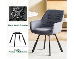 Eetkamerstoelen set van 4 draaibaar – Ganeey Luxe Fluwelen Stoelen met Armleuning – 180° Draaifunctie met Terugkeer – Ergonomisch, Modern Design, Comfortabele Gestoffeerde Stoelen voor Eetkamer, Woonkamer, Keuken – Grijs