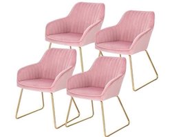 Eetkamerstoelen – Set van 4 - Fluwelen Stoelen – Comfortabele Stoelen – Metalen Pootjes – Ergonomisch Ontwerp – Zithoogte 45 Cm - Roze