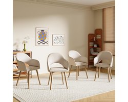 Eetkamerstoelen Set van 4 – Ganeey Luxe Fluwelen Stoelen met Armleuningen – Beige Eetkamerstoelen met Houten Poten – Ergonomisch, Comfortabel & Stabiel – Gestoffeerde Keukenstoelen voor Eetkamer of Woonkamer