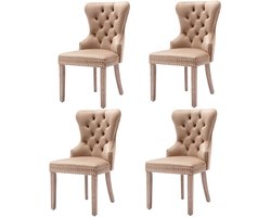 Eetkamerstoelen set van 4 make-up stoelen ontspanningsstoelen multifunctionele stoelen met unieke deurring en ruitpatroon op de rugleuning knoopversiering op de rugleuning stevig houten frame 53,5x64x95cm bruin