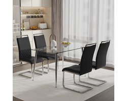 Eetkamerstoelen, set van 4, PU-leer en linnen rugleuning, hoge gestoffeerde stoel, horizontale strepen op de rugleuning, geschikt voor eetkamer, keuken, gastenkamer of kantoor, Zwart