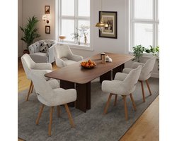 Eetkamerstoelen Set van 6 – 49x42x82 cm – 360° Draaibaar – Met Armleuningen en Houten Poten – Gestoffeerd in Corduroy Stof Taupe – Moderne Keukenstoelen – Abkantoor