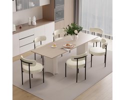 Eetkamerstoelen Set van 6 – 52x55x80 cm – PU Leer Ronde Bouclé Mid-Century Gevoerde Stoelen met Metalen Poten – Armloos Design, Ergonomisch Comfort – Abkantoor