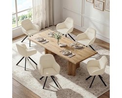 Eetkamerstoelen Set van 6 59 x 63 x 81 cm Draaibaar 360° met Armleuningen – Fluwelen Gestoffeerde Stoelen met Metalen Poten en Ergonomische Rugleuning – Crème-Wit – Mobili Bella