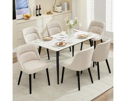 Eetkamerstoelen Set van 6 - Beige Gestoffeerd - Modern Design met Houten Poten - Scandinavische Stijl - Luxe Keukenstoelen - Comfortabel
