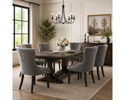 Eetkamerstoelen - Set van 6 - Eetkamerstoel met Eikenhouten Poten - Moderne Stoel - Knopen Details - Chromen Nagelkop Afwerking - Keukenstoel - Woonkamerstoel - Slaapkamerstoel - Lounge Stoel - Vrijetijdsstoel - Grijs