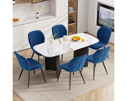 Eetkamerstoelen set van 6 - Ergonomische Armleunstoelen Blauw Fluweel 45x51x86 cm, Gestoffeerd, Waterdicht Materiaal, Metalen Poten, Comfortabele Stoelen voor Keuken en Woonkamer - Abkantoor