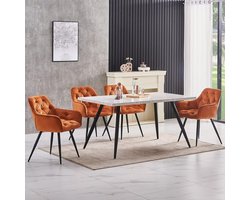 Eetkamerstoelen Set van 6 – Ganeey Luxe Fluwelen Stoelen met Armleuningen & Metalen Poten – Comfortabele Design Kuipstoelen voor Eetkamer, Woonkamer & Lounge – Oranje – Ergonomische Zachte Zitting – Modern & Stijlvol
