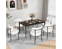 Eetkamerstoelen set van 6 – HomeByNicole Luxe Gestoffeerde Stoelen in Teddy Stof – Moderne Design Stoelen met Metalen Poten en Ergonomische Rugleuning – Comfortabele Keukenstoelen voor Eetkamer, Woonkamer en Kantoor – Beige