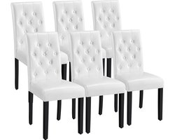 Eetkamerstoelen, set van 6, keukenstoel, leunstoel, gestoffeerde stoel met hoge rugleuning, poten van massief hout, gevoerde zitting van kunstleer, wit