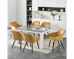 Eetkamerstoelen Set van 6 met Armleuningen 65x56x83 cm – Fluwelen Zitting Geel/Tulp Goud – Gestoffeerde Keukenstoelen met Metalen Poten 150 kg – Moderne Comfort Stoelen – Abkantoor