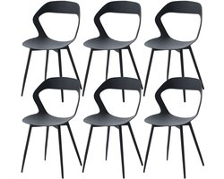 Eetkamerstoelen – Stoel - Eetkamerstoel - Set van 6 - Koffiestoel - Moderne - Rugleuning – Minimalistisch Design – Kunststof Zitting - Metalen Poten – Zwart