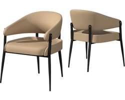 Eetkamerstoelen – Stoelen – Kuipstoelen – Design Stoelen – Keukenstoelen – Set Van 2 – Microfiber En Silicone Leer – Metalen Pootjes – Ergonomische Rugleuning – Comfortabele Schuimzitting – Khaki En Zwart/Bruin