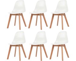Eetkamerstoelen, wit, kunststof, met ergonomische rugleuning en massief houten poten, vuilafstotend zitmeubel voor keuken en eetkamer, duurzaam en licht, 6 stuks