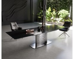 Eetkamertafel Edge Glas smelten rokerig zwart 3D-Relief 200-300x100 Wave RVS uitschuifbaar