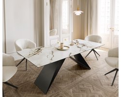 Eetkamertafel Edge keramiek Calacatta Luxe wit-goud-grijs 180-220x100 V-frame vlak staal zwart uitschuifbaar