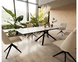 Eetkamertafel Edge keramiek Calacatta Luxe wit-goud-grijs 200-300x100 kruisframe rechthoek zwart uitschuifbaar