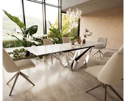 Eetkamertafel Edge keramiek Calacatta Luxe wit-goud-grijs 200-300x100 spider vlak staal RVS uitschuifbaar