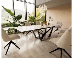 Eetkamertafel Edge keramiek Calacatta Luxe wit-goud-grijs 200-300x100 spider vlak staal zwart uitschuifbaar