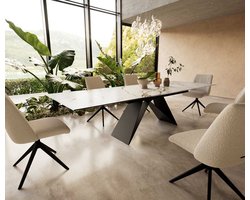 Eetkamertafel Edge keramiek Calacatta Luxe wit-goud-grijs 200-300x100 V-frame vlak staal zwart uitschuifbaar