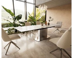 Eetkamertafel Edge keramiek Calacatta Luxe wit-goud-grijs 200-300x100 Wave RVS uitschuifbaar