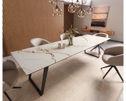 Eetkamertafel Edge keramiek Calacatta Luxe wit-goud-grijs 300x100 metaal schuin zwart