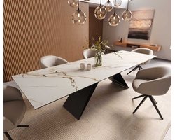 Eetkamertafel Edge keramiek Calacatta Luxe wit-goud-grijs 300x100 V-frame vlak staal zwart