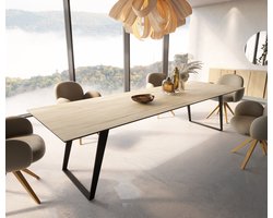 Eetkamertafel Edge keramiek Laminam® Sabbia eiken kleur 300x100 metaal schuin zwart