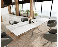 Eetkamertafel Edge keramiek Laminam®Statuarietto Weiß 200-300x100 kruisframe rechthoek RVS uitschuifbaar