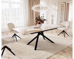 Eetkamertafel Edge keramiek Minas Melange wit-beige 180-220x100 kruisframe rechthoek zwart uitschuifbaar