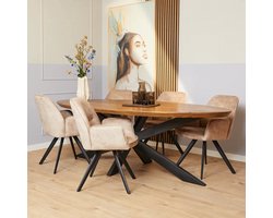 Eetkamertafel Ovaal Naturel Hout 180x90 cm – Massief Mangohout met Zwarte Metalen X-Poot – Moderne Industriële Houten Eettafel – Eetkamertafel voor 6 Personen – Novihome