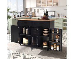 Eetkamerwagen Dressoir, wit Marmeren Blad en Kaki Grijze kast met Houtnerf/Uitschuifbaar Blad/Opbergvak met Deur/Wielen/Verstelbare poten van Massief Hout/Ideaal voor Thuis,129x46(71)x91.5cm, Zwart