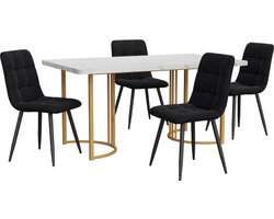 Eetset (5-delig) Eettafel met 4 stoelen set Zwart Fluweel Eetkamerstoelen Keukentafelset met Gouden metalen poten MDF tafelblad in wit