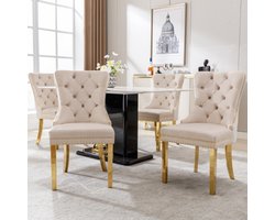 Eetstoel (keukenstoel woonkamerstoel met unieke deurknocker aan de achterkant, 4 st), gestoffeerde stoel met nagelkopafwerking, ondersteuning benen gemaakt van vergulde roestvrij staal, deksel gemaakt van fluweel, beige/goud