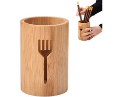Eetstokjeshouder met afvoer - Bamboe opbergbuis - Bamboe bestekrek - Bestekhouder - 9*12 cm - Bruin - Geschikt voor eettafels, feestjes en keukens - Kan lepels, vorken, messen en keukengerei opbergen