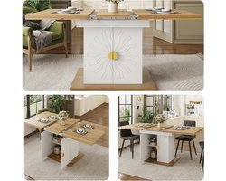 Eettafel - 110-140 x 70 x 76 cm - Uitschuifbare Tafel met Reliëfpatroon en Opbergruimte - Houtfineer - Houtkleur