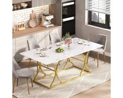 Eettafel, 200 x 80 cm, modern marmerlook, 2,5 cm dik tafelblad, goudkleurige metalen poten, waterdicht en krasbestendig, voor woonkamer en eetkamer